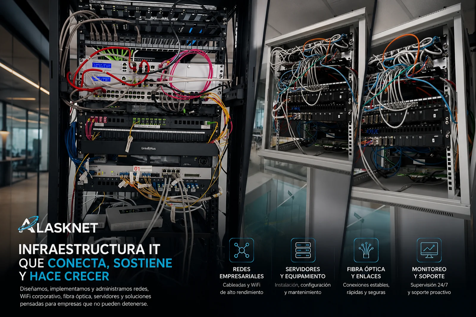 Infraestructura IT profesional con racks, cableado, redes, fibra óptica y monitoreo AlaskNet